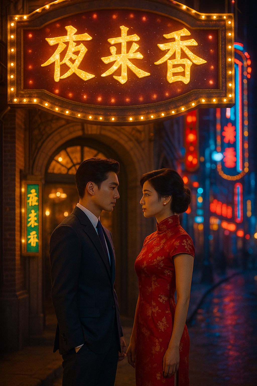 夜来香の看板前、赤いチャイナドレスとスーツの二人